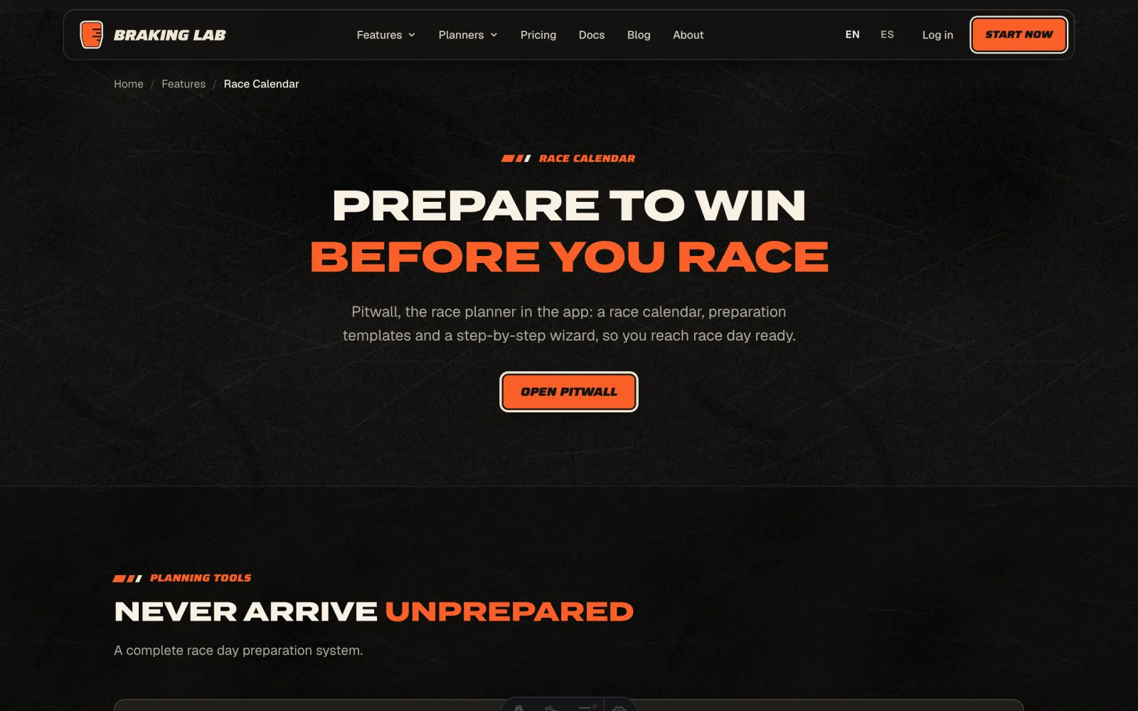 The race preparation feature page in the Paddock design.