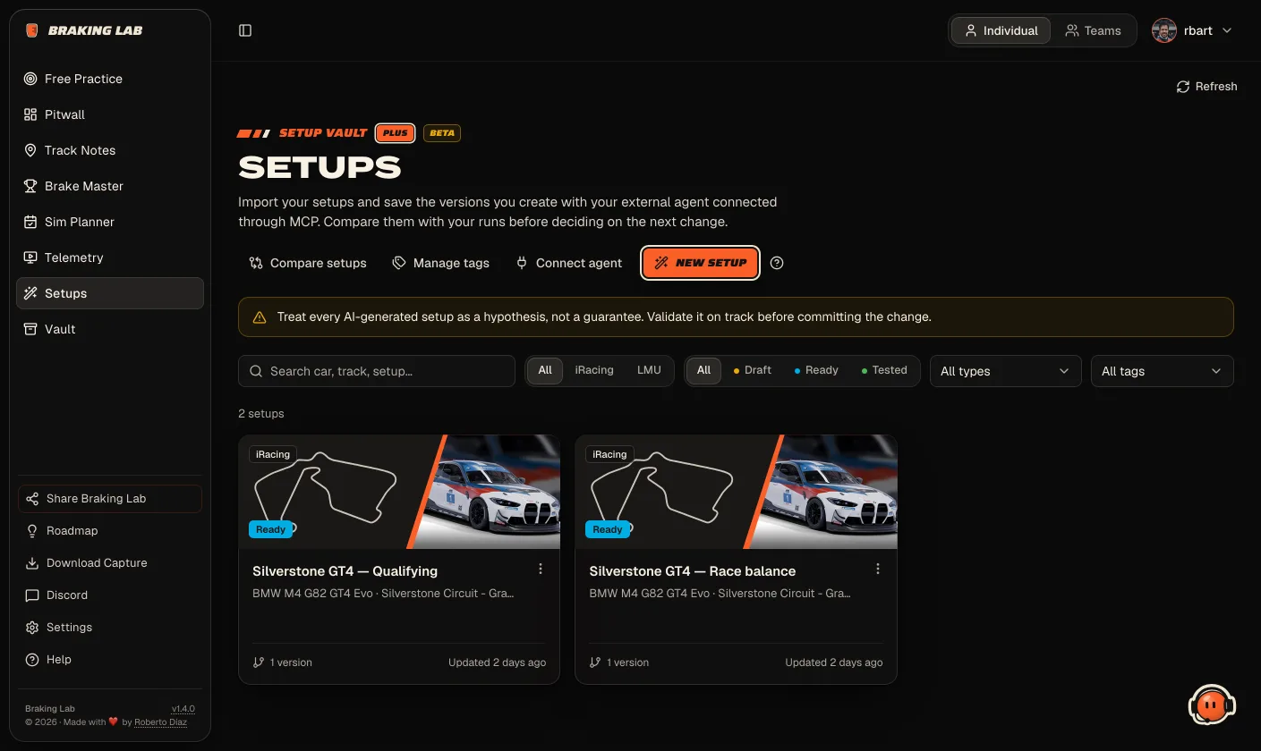 Setups now: the setup vault with two iRacing setups and their versions.