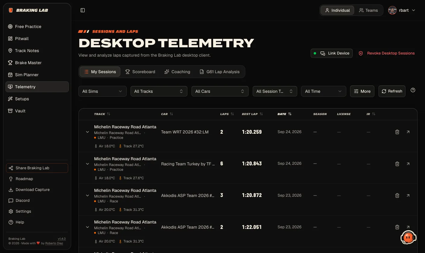 Telemetry now: the same session list in the Paddock design.