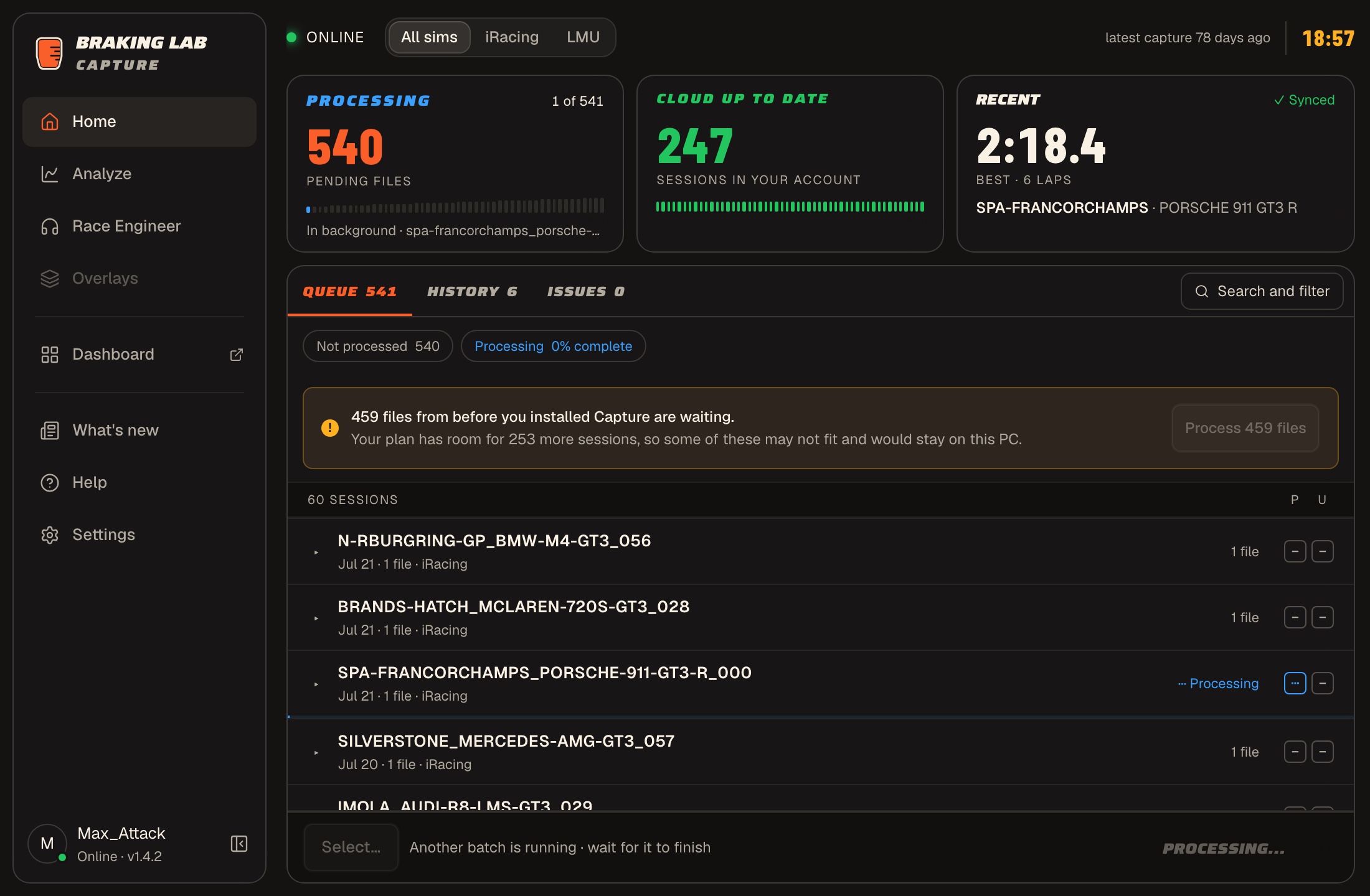 Capture Home processing new sessions, with older telemetry waiting in the Queue