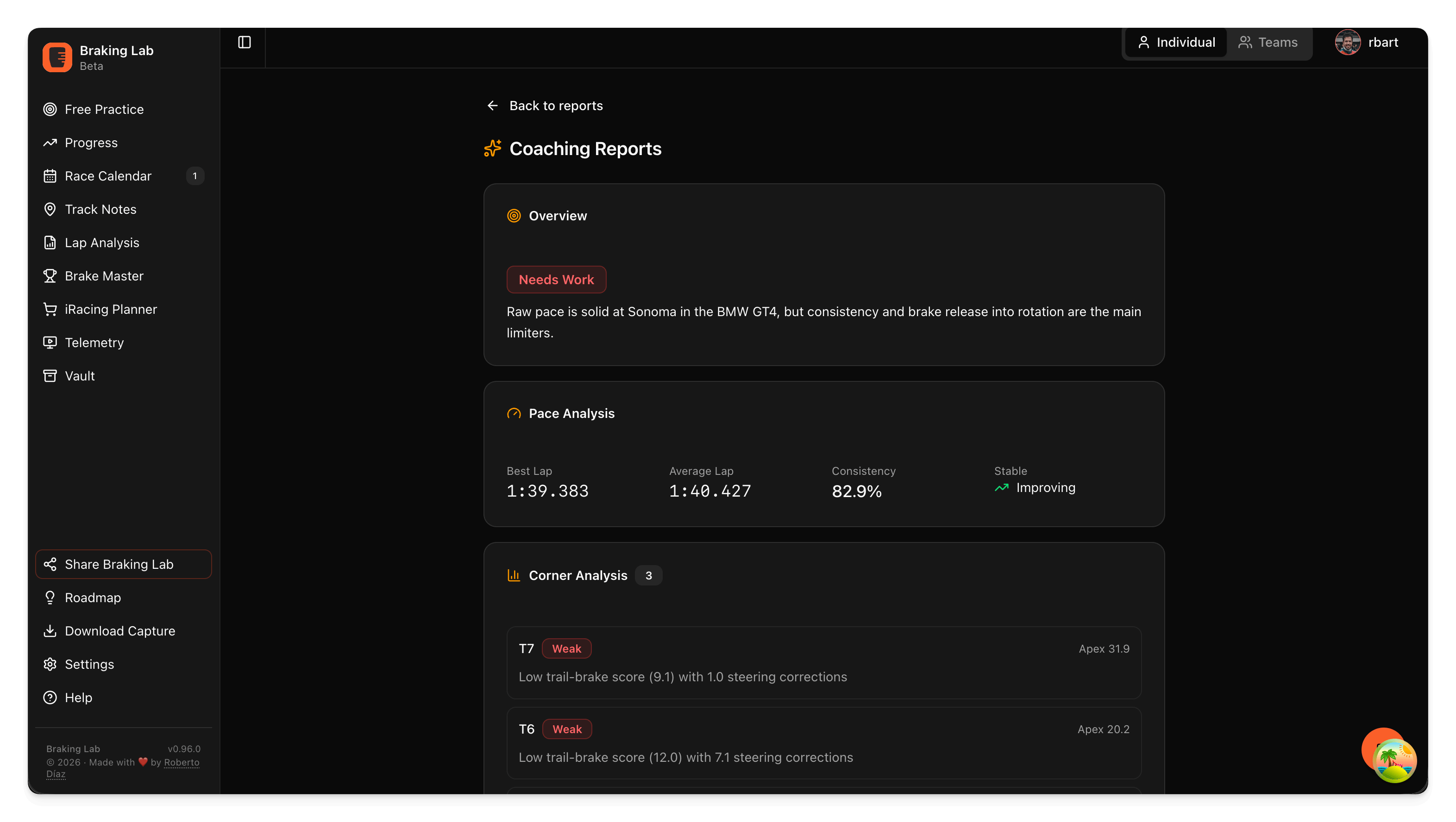 Coaching report in Braking Lab web app